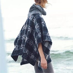 ANTHROPOLOGIE Poncho WINTERTIDE Sweater cowl neck wool blend boho floral one sz